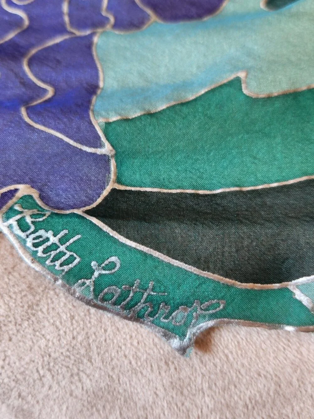 Betty Lathrop Women's Teal Purple Hand Painted Floral Sheer Silk Scarf Wrap